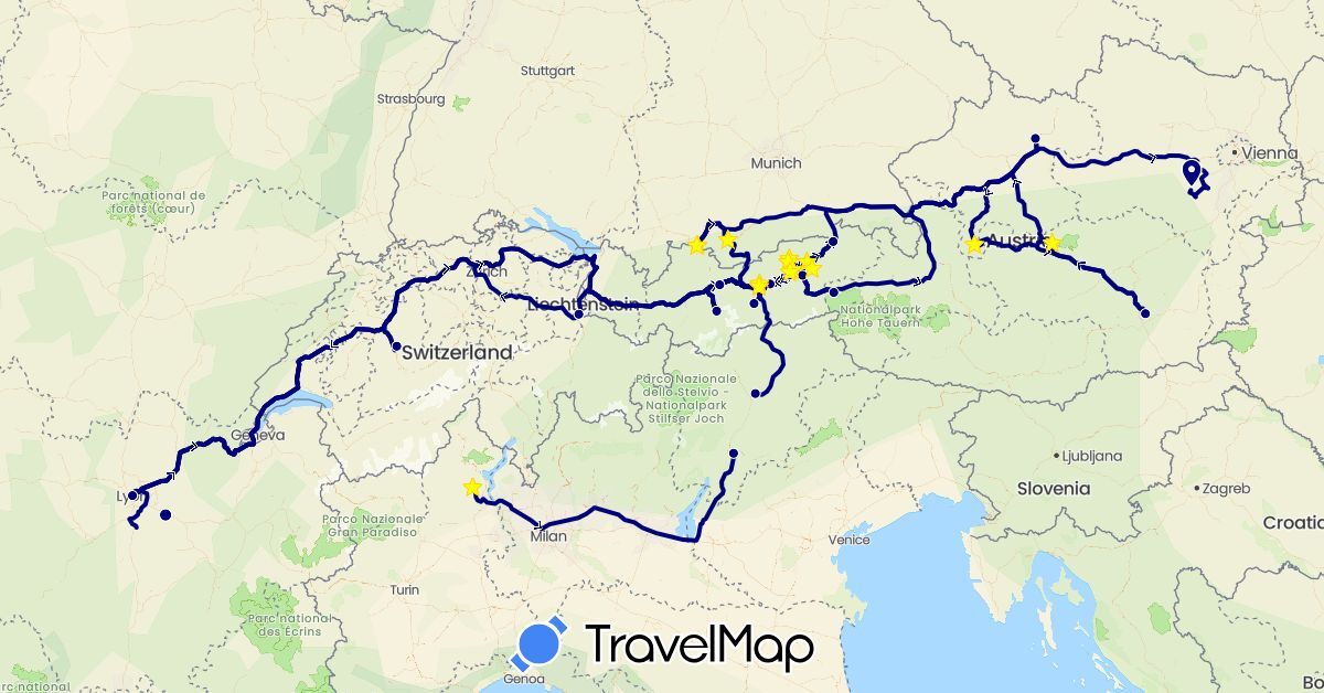TravelMap itinerary: driving in Austria, Switzerland, Germany, France, Italy, Liechtenstein (Europe)