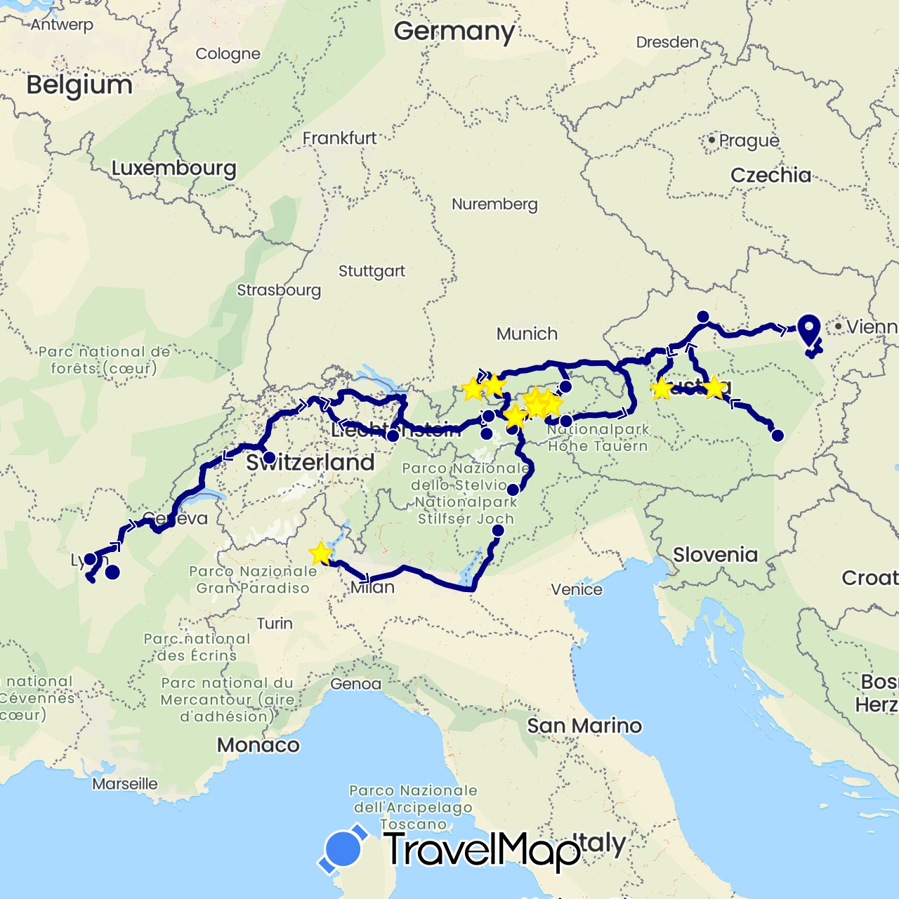 TravelMap itinerary: driving in Austria, Switzerland, Germany, France, Italy, Liechtenstein (Europe)