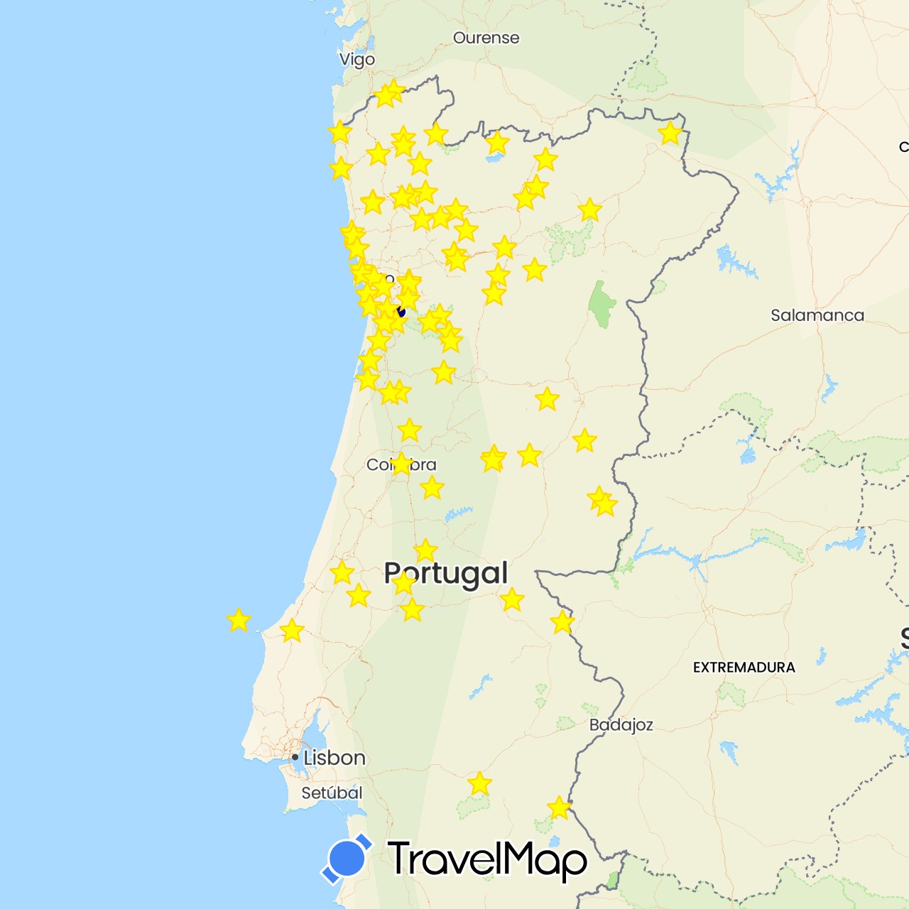 TravelMap itinerary: driving in Portugal (Europe)