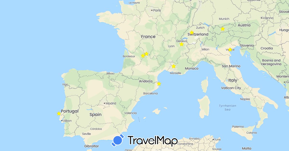 TravelMap itinerary: driving in Austria, Switzerland, Spain, France, Italy, Portugal (Europe)