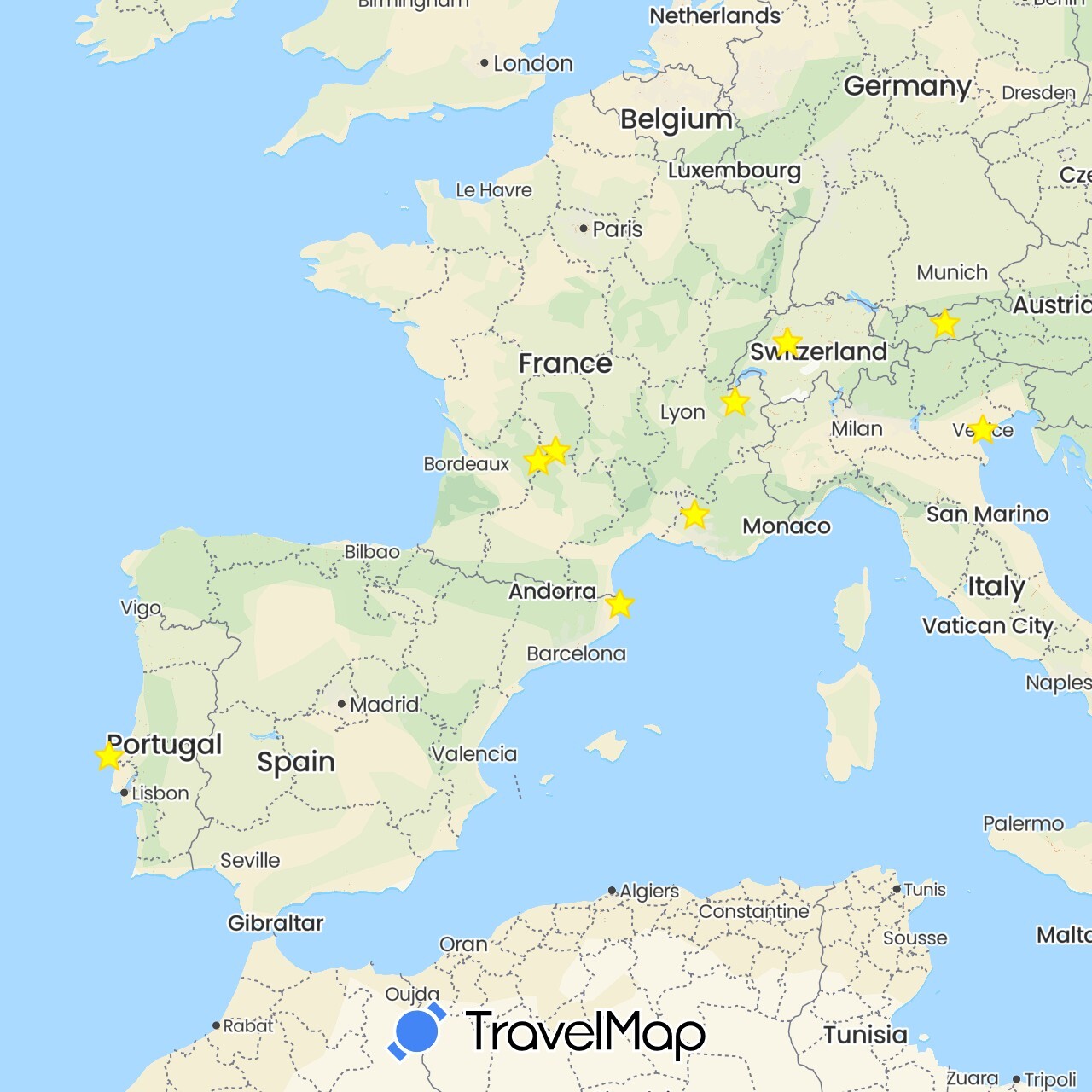 TravelMap itinerary: driving in Austria, Switzerland, Spain, France, Italy, Portugal (Europe)